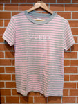 Guess Spellout Striped Pink Grey White Tee